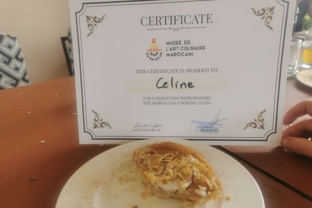 Certificat cours cuisine marocaine Marrakech