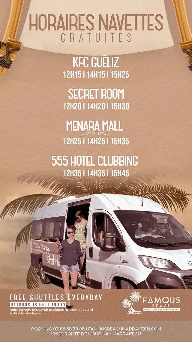 Horaires navettes gratuites Famous Beach Marrakech depuis Guéliz Menara Mall et 555 Hotel